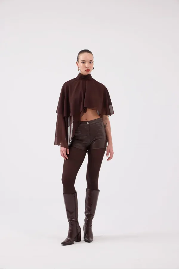 Yüksek Bel Mini Meghan Deri Şort Kahve