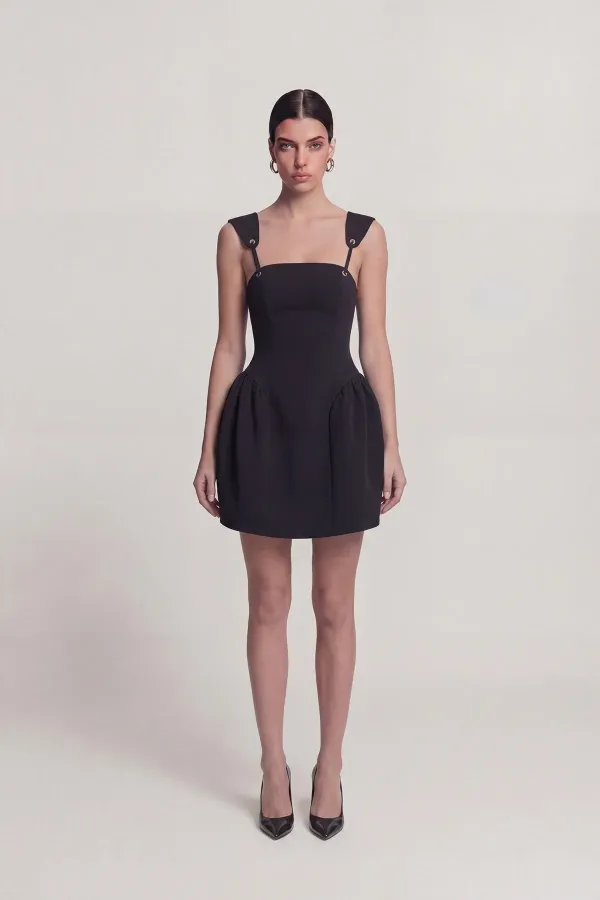 Eyelet Strap Detail Mini Sandra Dress Black