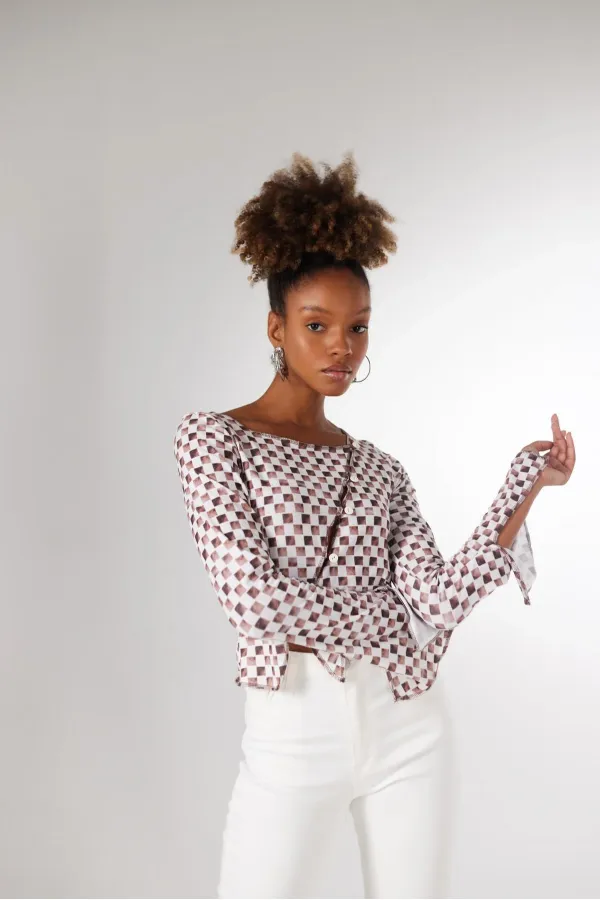 Kadın Kahverengi Damalı Düğme Kapamalı Pierre Bluz