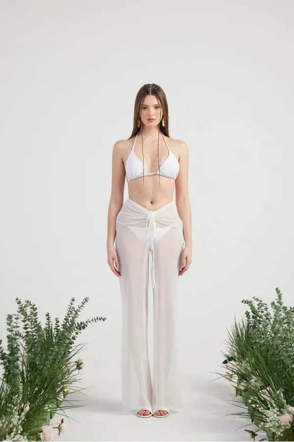 Shirred Pareo Pantolon Beyaz