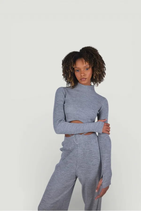 Balıkçı Yaka Crop Model Parmak Geçirmeli Feels Kazak Gri