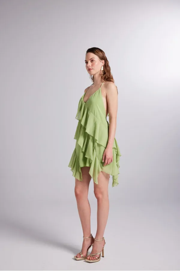 Fırfır Detaylı Bel Dekolteli Şifon Capri Elbise Yeşil