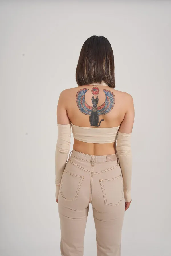 Crop Style Pretty Blouse with Sleeve Detail, Beige