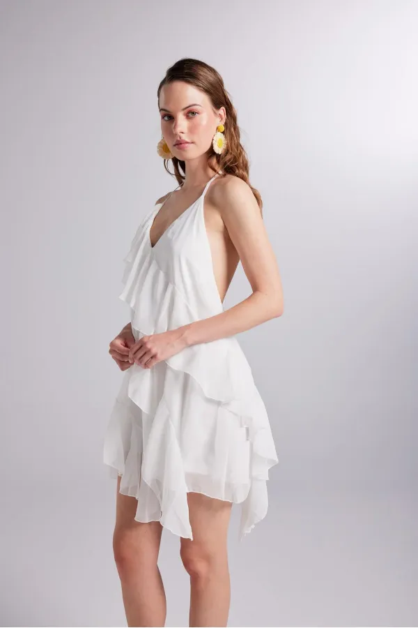 White Chiffon Capri Dress with Ruffle Detail and Waistline