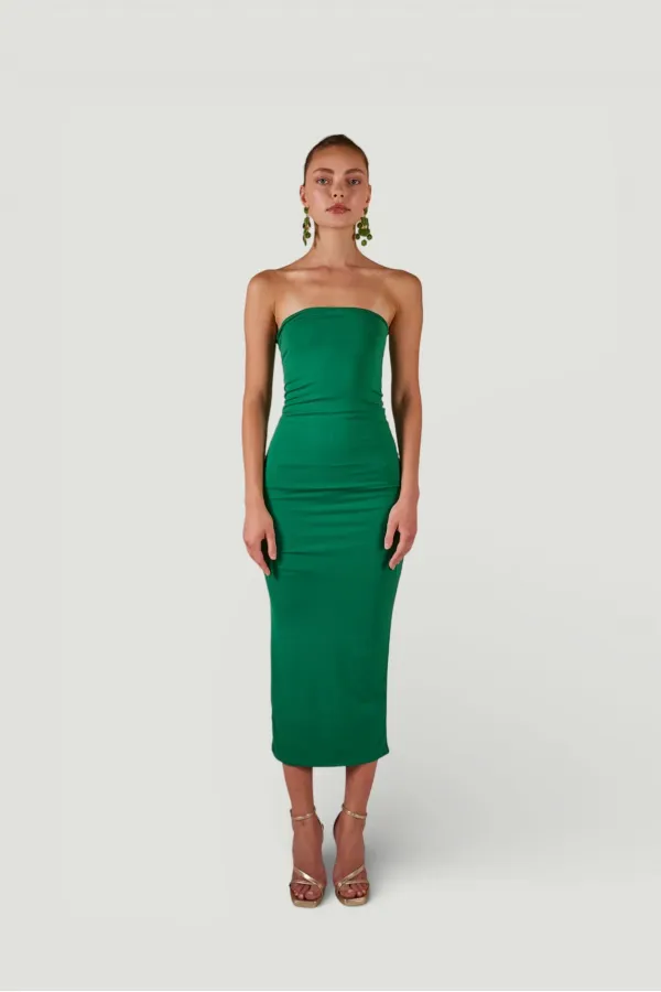 Robe moulante midi sans bretelles avec fente, verte