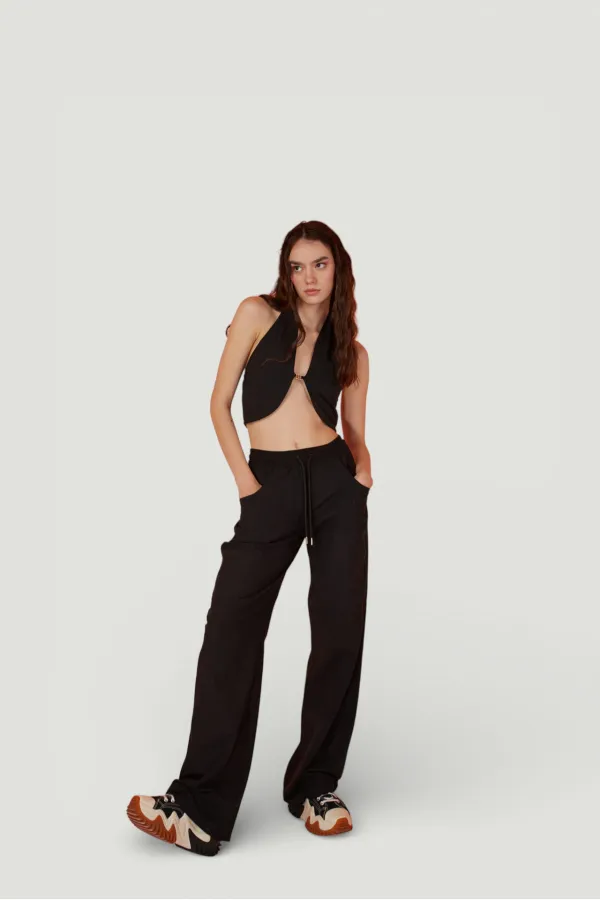 Cotton Fabric Belted Loose Fit Rise Trousers Black