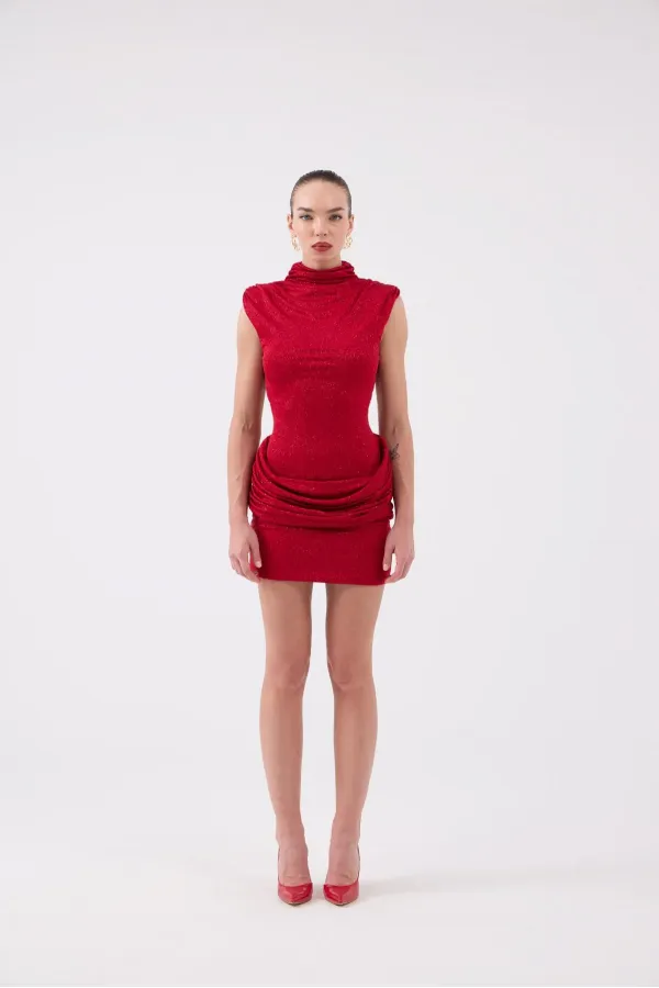 Backless Glittery Mini Judy Dress, Red