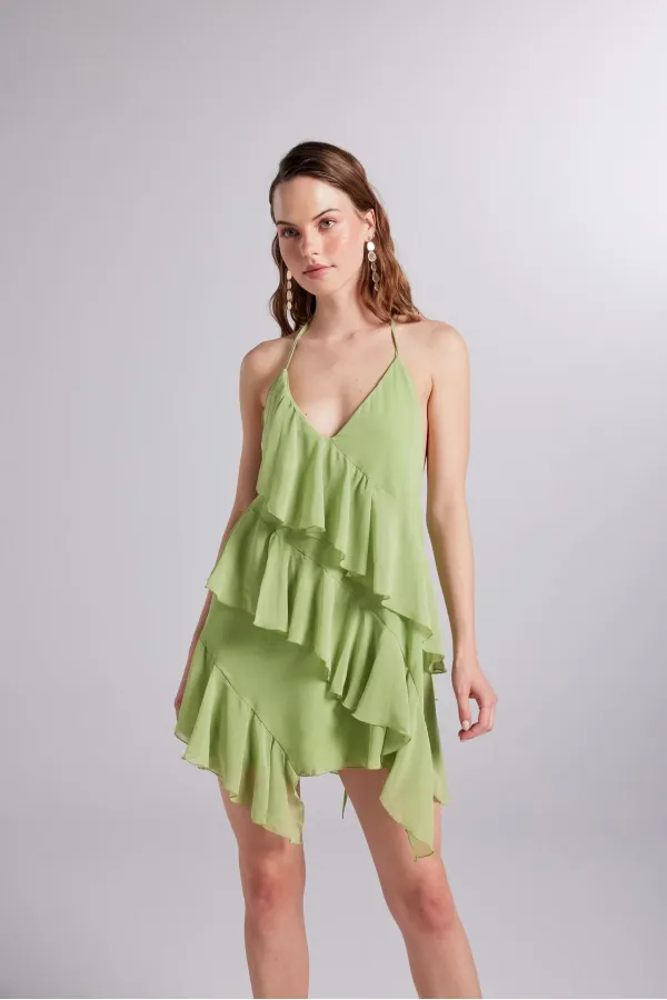 Fırfır Detaylı Bel Dekolteli Şifon Capri Elbise Yeşil