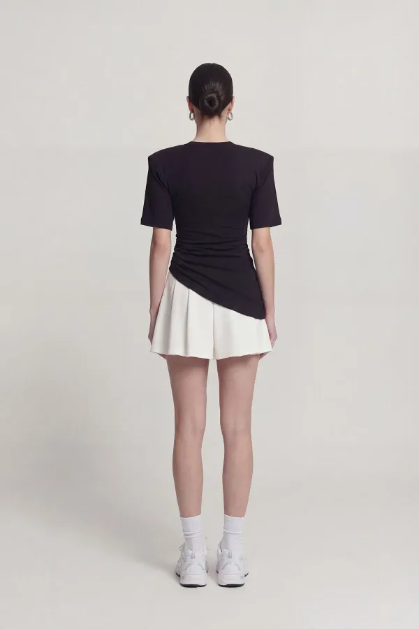 Demie T-shirt with Gathered Detail and Padded Shoulders, Black Demie T-shirt with Gathered Detail and Padded Shoulders, Black