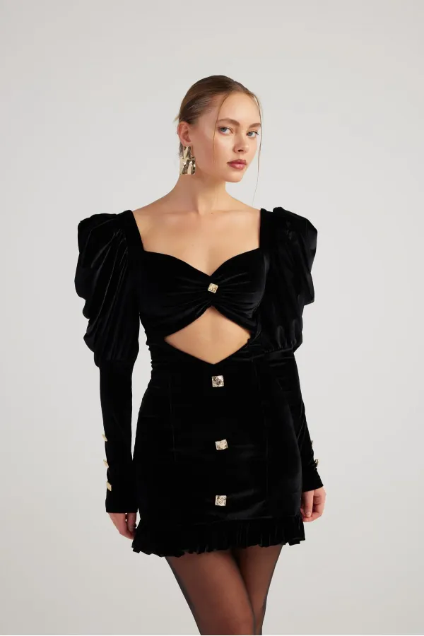 Robe courte Raquel en velours noir à manches pastèque