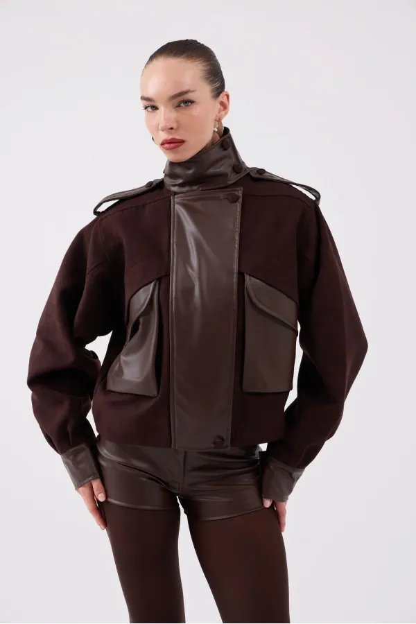 Lina Suede Jacket with Stand-Up Collar and Leather Details, Brown