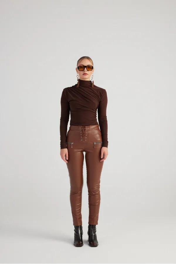 Pantalon en cuir marron Gina