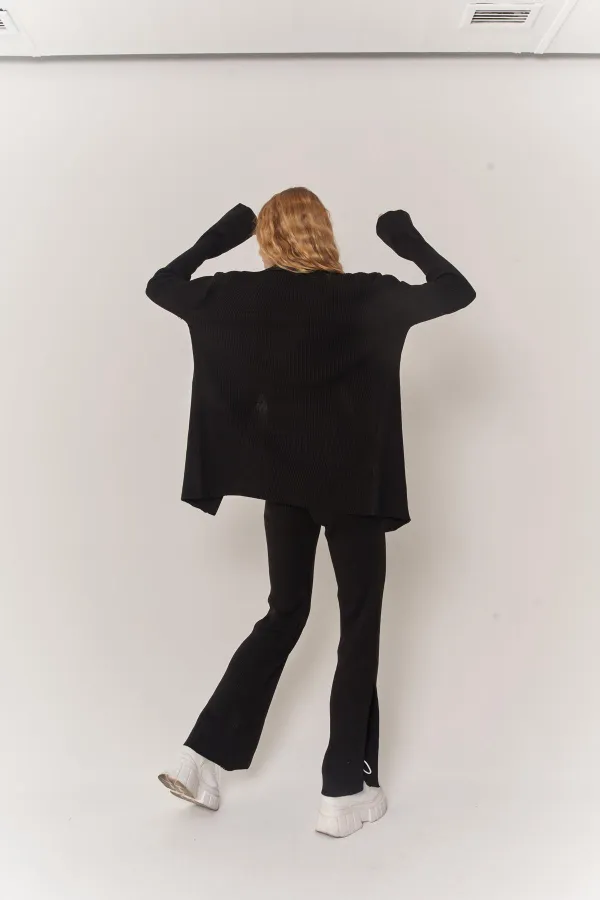 Women's Black Button-Down Oversize Loose Knit Cardigan and Pants Yordle Set