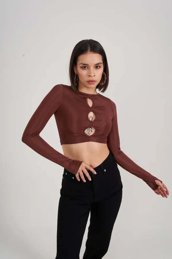 Crew Neck Long Sleeve Crop Frank Blouse with Chest Detail Brown