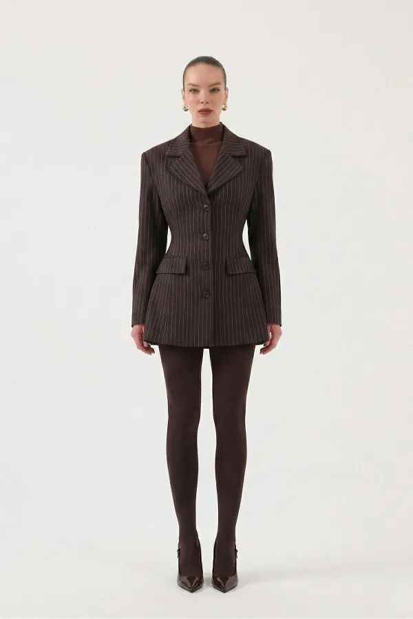 Belden Oturmalı Çizgili Fit Kesim Karen Blazer Ceket Kahve