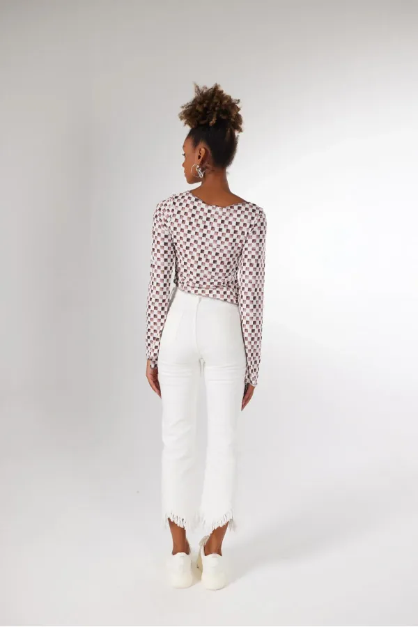 Kadın Kahverengi Damalı Düğme Kapamalı Pierre Bluz