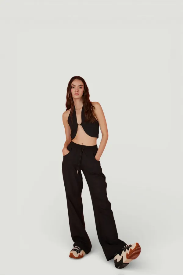 Cotton Fabric Belted Loose Fit Rise Trousers Black