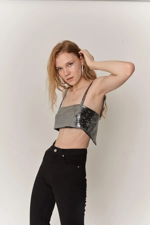 Straplez Askılı Glammy Crop Gümüş