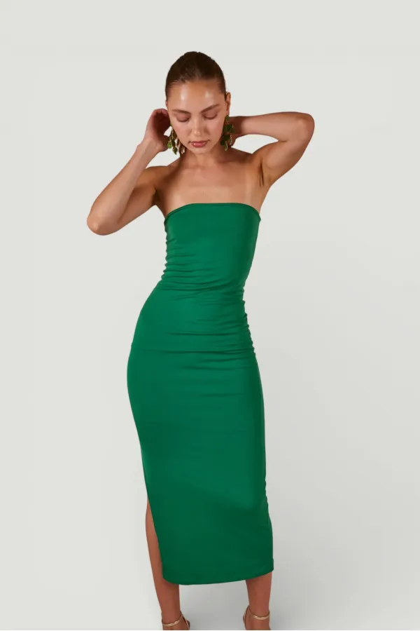 Robe moulante midi sans bretelles avec fente, verte
