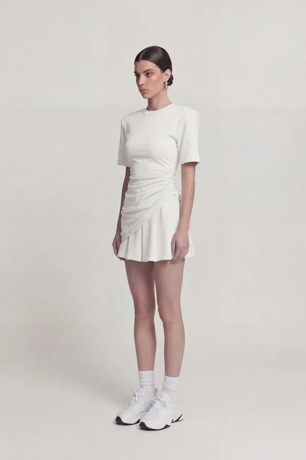 Demie T-shirt with Gathered Detail and Padded Shoulders, White Demie T-shirt with Gathered Detail and Padded Shoulders, White