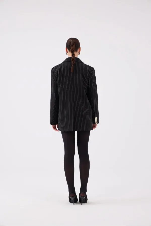 Oversize Kesim Çizgili Strip Blazer Ceket Siyah