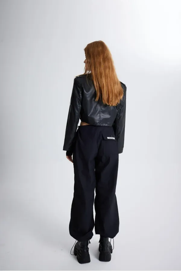 Women's Black Jacket with Collar, Crop Zip and Snap Button Petter Leather Jacket