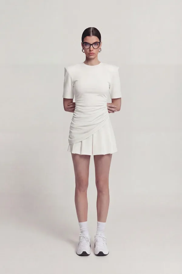 Demie T-shirt with Gathered Detail and Padded Shoulders, White Demie T-shirt with Gathered Detail and Padded Shoulders, White