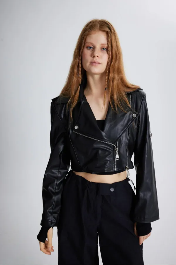 Women's Black Jacket with Collar, Crop Zip and Snap Button Petter Leather Jacket