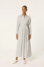 BELİ KUŞAKLI ÇİZGİLİ KETEN ELBİSE