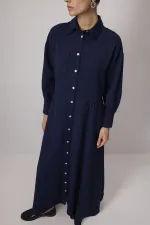 KETEN DOKULU SEDEF DÜĞMELİ ELBİSE