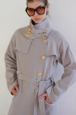 DOUBLE-BREASTED LINEN TRENCH COAT WITH GOLD BUTTONS DOUBLE-BREASTED LINEN TRENCH COAT WITH GOLD BUTTONS