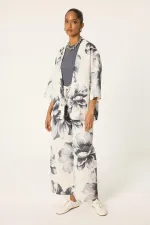 DESENLİ KETEN KİMONO PANTOLON TAKIM