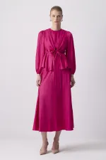 FRONT-TIE SATIN BLOUSE AND SKIRT SET FRONT-TIE SATIN BLOUSE AND SKIRT SET