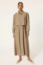 CROP CEKETLİ BELİ BÜZGÜLÜ ELBİSE