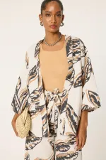 DESENLİ KETEN KİMONO PANTOLON TAKIM