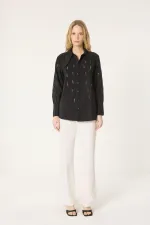 ASİMETRİK YAKA TAŞLI KUPRA GÖMLEK