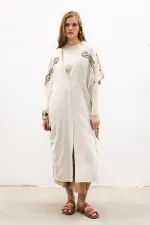 KETEN NAKIŞLI KOLSUZ KİMONO