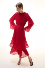 BİYE KEMERLİ PİLİSELİ ŞİFON ELBİSE