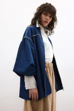 DENİM EFEKTLİ TAŞ İŞLEMELİ OVERSIZE CEKET