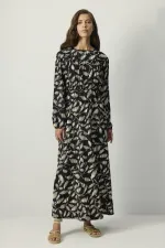 BELİ LASTİKLİ DESENLİ ELBİSE