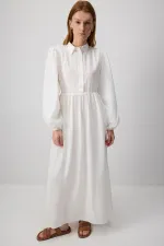 KUŞAKLI GÖMLEK YAKA ELBİSE