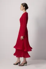 BİYE KEMERLİ PİLİSELİ ŞİFON ELBİSE