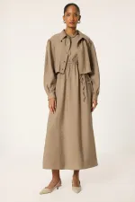 CROP CEKETLİ BELİ BÜZGÜLÜ ELBİSE