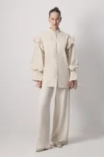 LINEN TEXTURED RUFFLED SHIRT