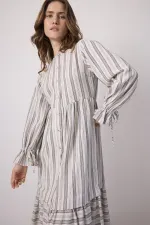 NATUREL DOKULU ÇİZGİLİ ELBİSE