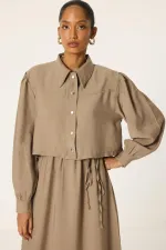 CROP CEKETLİ BELİ BÜZGÜLÜ ELBİSE