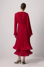 BİYE KEMERLİ PİLİSELİ ŞİFON ELBİSE