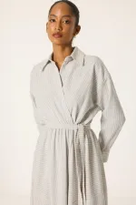 BELİ KUŞAKLI ÇİZGİLİ KETEN ELBİSE