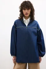 DENİM EFEKTLİ TAŞ İŞLEMELİ OVERSIZE CEKET