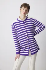 GOLD BUTTONED STRIPED LONG CARDIGAN